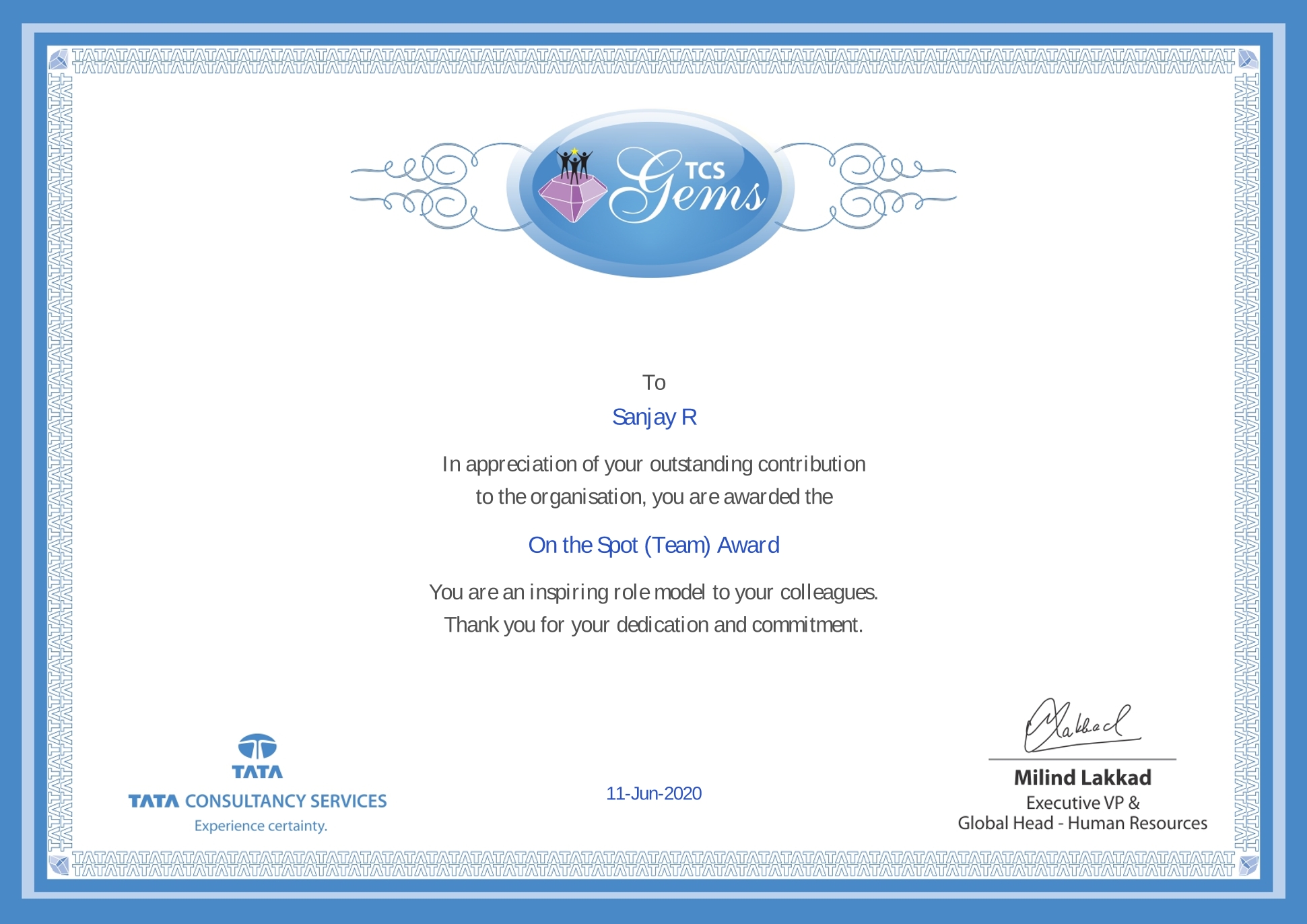 On the Spot Team Award certificate